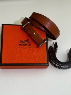 Authentic Hermes Brown Leather Wrap Bracelet with Orange Box